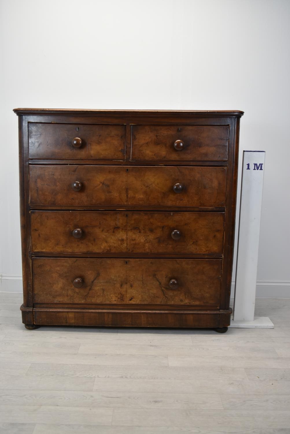 A late Victorian mahogany chest of two short over three long drawers with turned handles raised on - Image 2 of 13