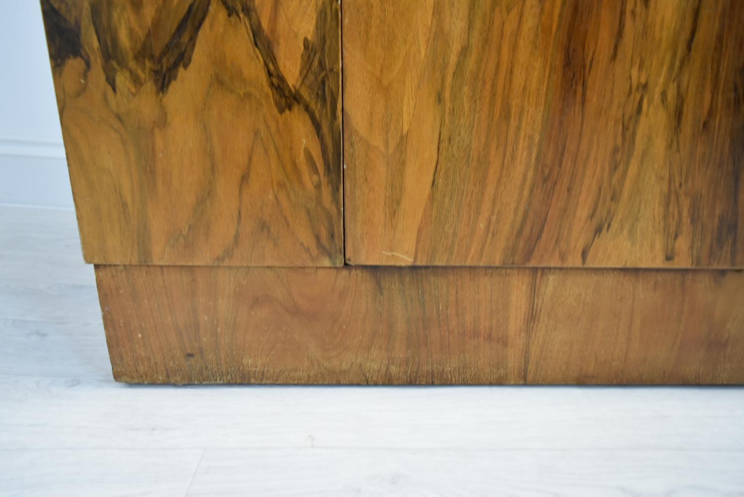 An Art Deco walnut veneered dome topped and twin door wardrobe, opening to reveal mirror, raised - Image 14 of 15