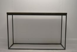 A contemporary metal framed console / side table with faux wood grained top. H.75.5 W.120 D.36cm