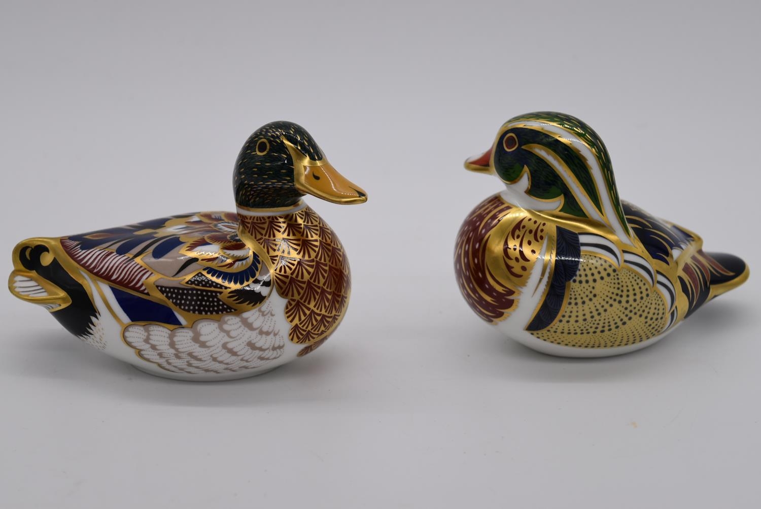 Two Royal Crown Derby porcelain paperweights, a Carolina duck and a Mallard duck, each with gold
