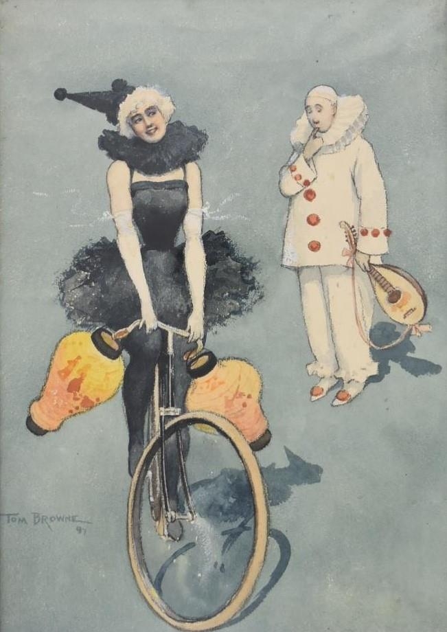 Tom Browne (1870 - 1910; British), Dancer riding bike with male clown holding an instrument,