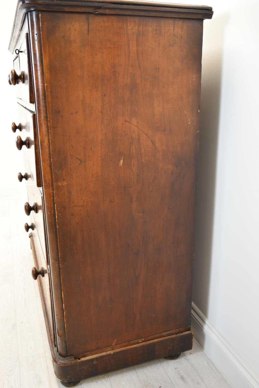 A late Victorian mahogany chest of two short over three long drawers with turned handles raised on - Image 3 of 13