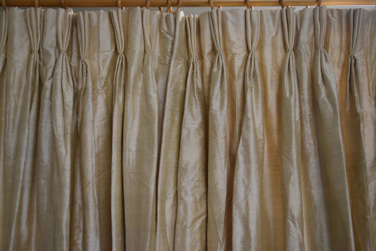 A pair of yellow silk interlined pinch pleated curtains. H.328 W.105cm - Image 2 of 10