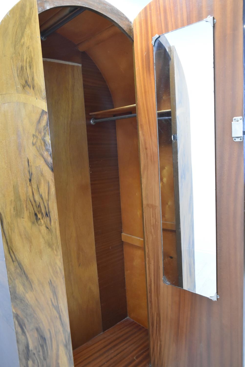 An Art Deco walnut veneered dome topped and twin door wardrobe, opening to reveal mirror, raised - Image 4 of 15