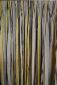 A pair of striped yellow, black and white lined curtains with tiebacks, weighted. H.340 W.92cm