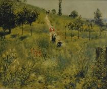 Indistintly signed, 20th century, People playing in the fields, oil on canvas, bearing label