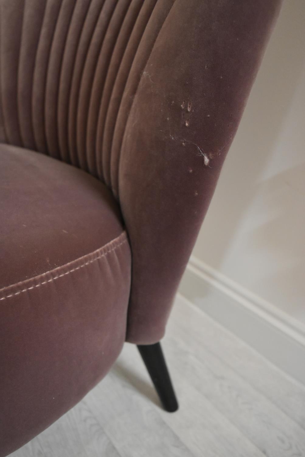 A contemporary shell back upholstered chair upholstered in purple velvet velour fabric raised on - Image 5 of 8