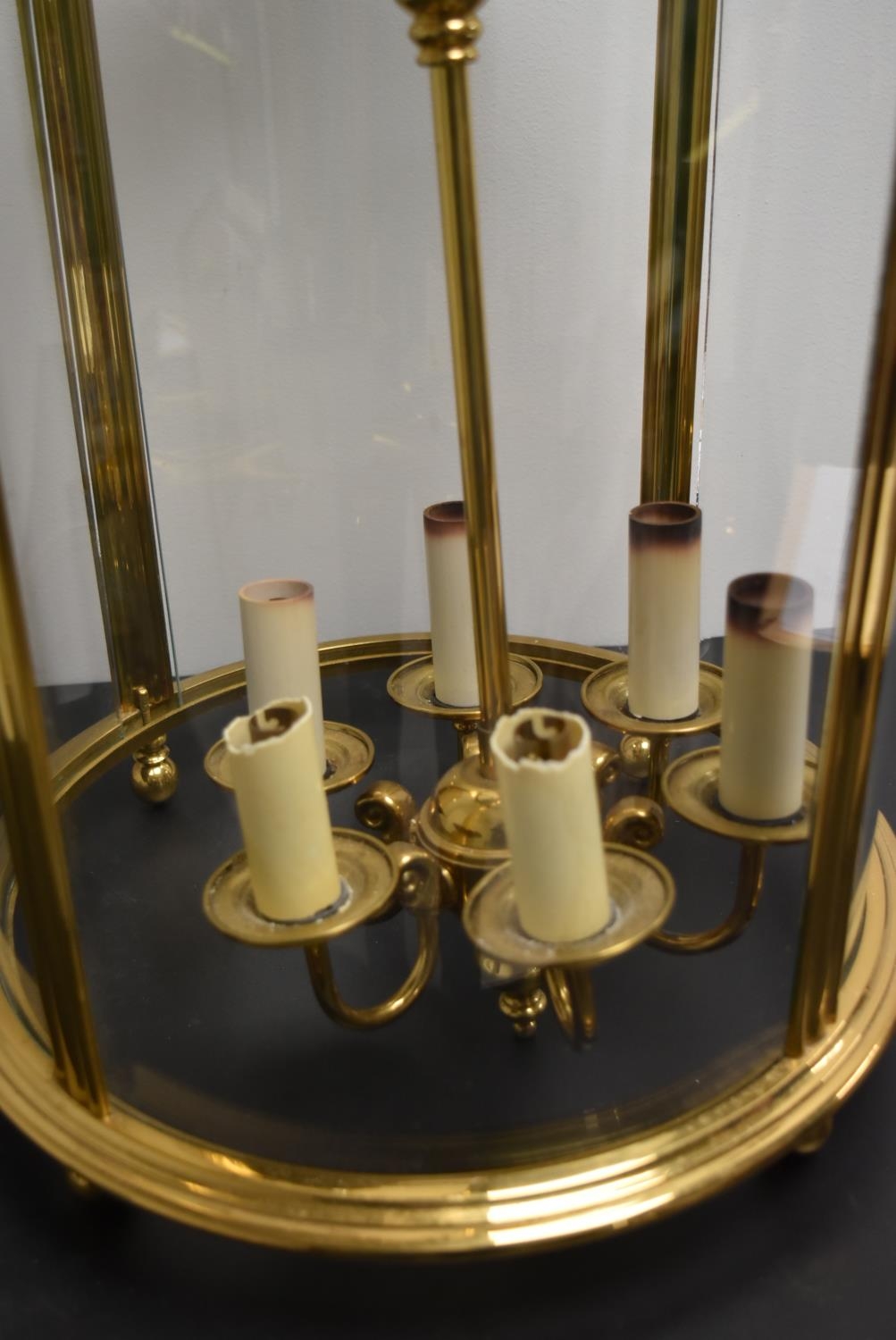 A 20th century brass and glass cylindrical hanging lantern with six branches for lightbulbs. H.82 - Image 2 of 7