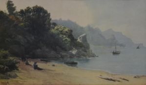 John Gully (1819 - 1888, New Zealand); Beach scene, possibly of New Zealand, print of watercolour.