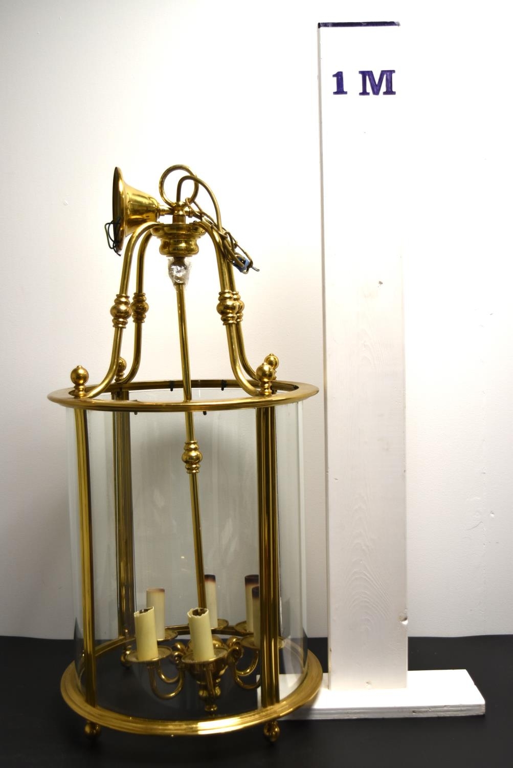 A 20th century brass and glass cylindrical hanging lantern with six branches for lightbulbs. H.82 - Image 3 of 7