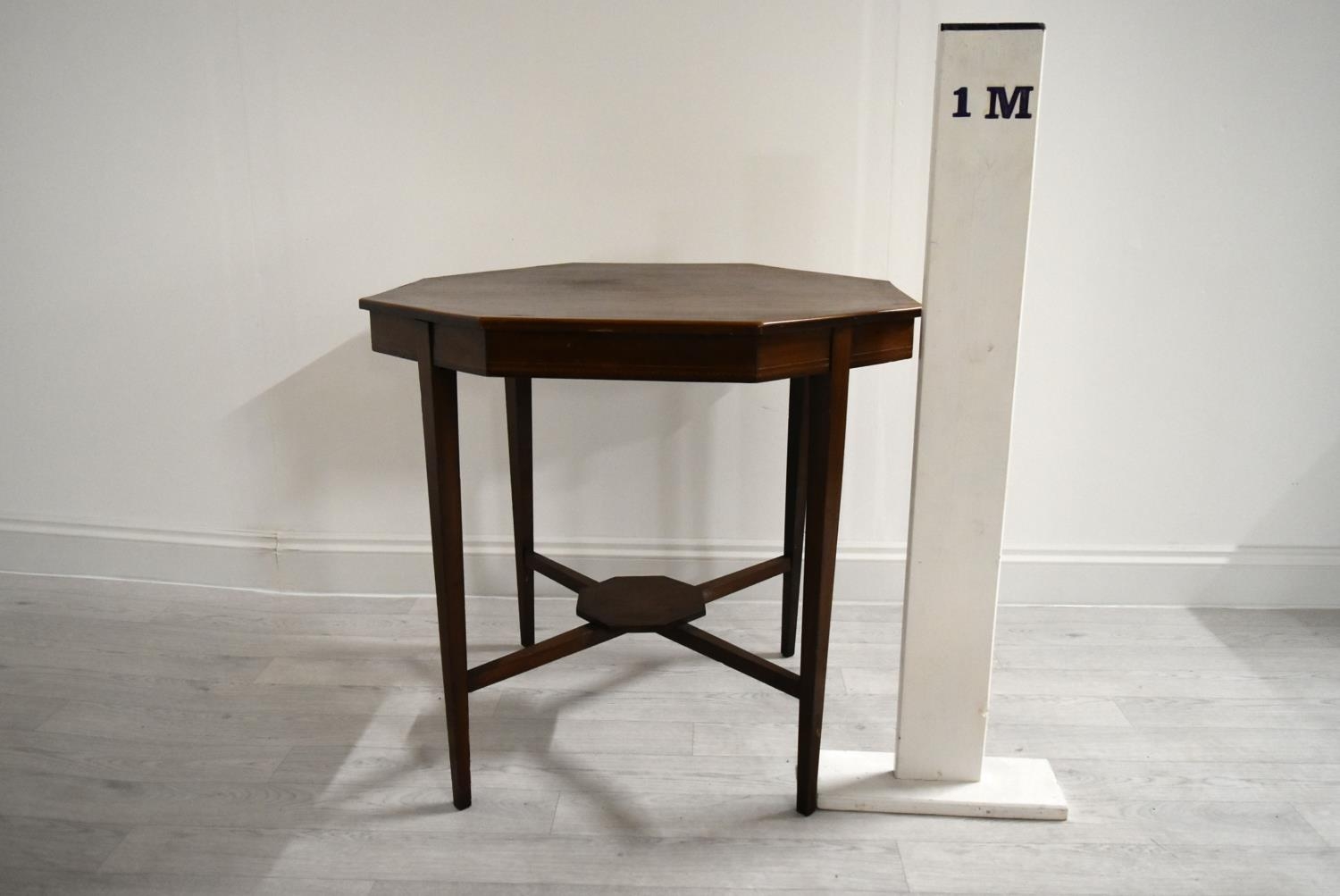 An Edwardian mahogany octagonal occasional table on tapering supports united by stretcher. H.68.5 - Image 17 of 17