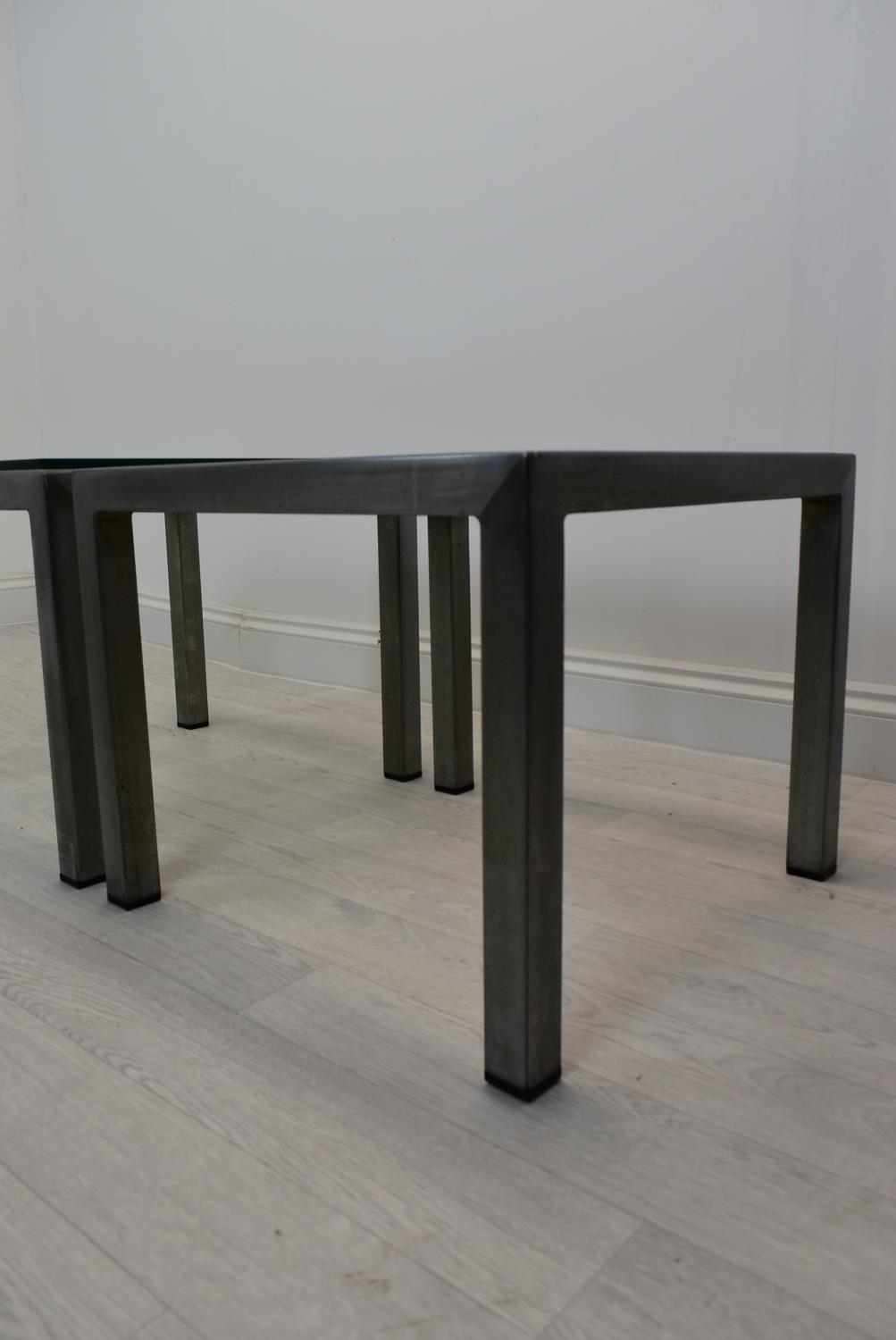 A pair of square brushed metal framed coffee side tables with glass top. Some chips to glass and one - Image 5 of 6