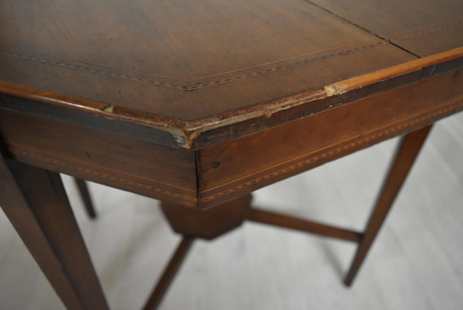 An Edwardian mahogany octagonal occasional table on tapering supports united by stretcher. H.68.5 - Image 7 of 17