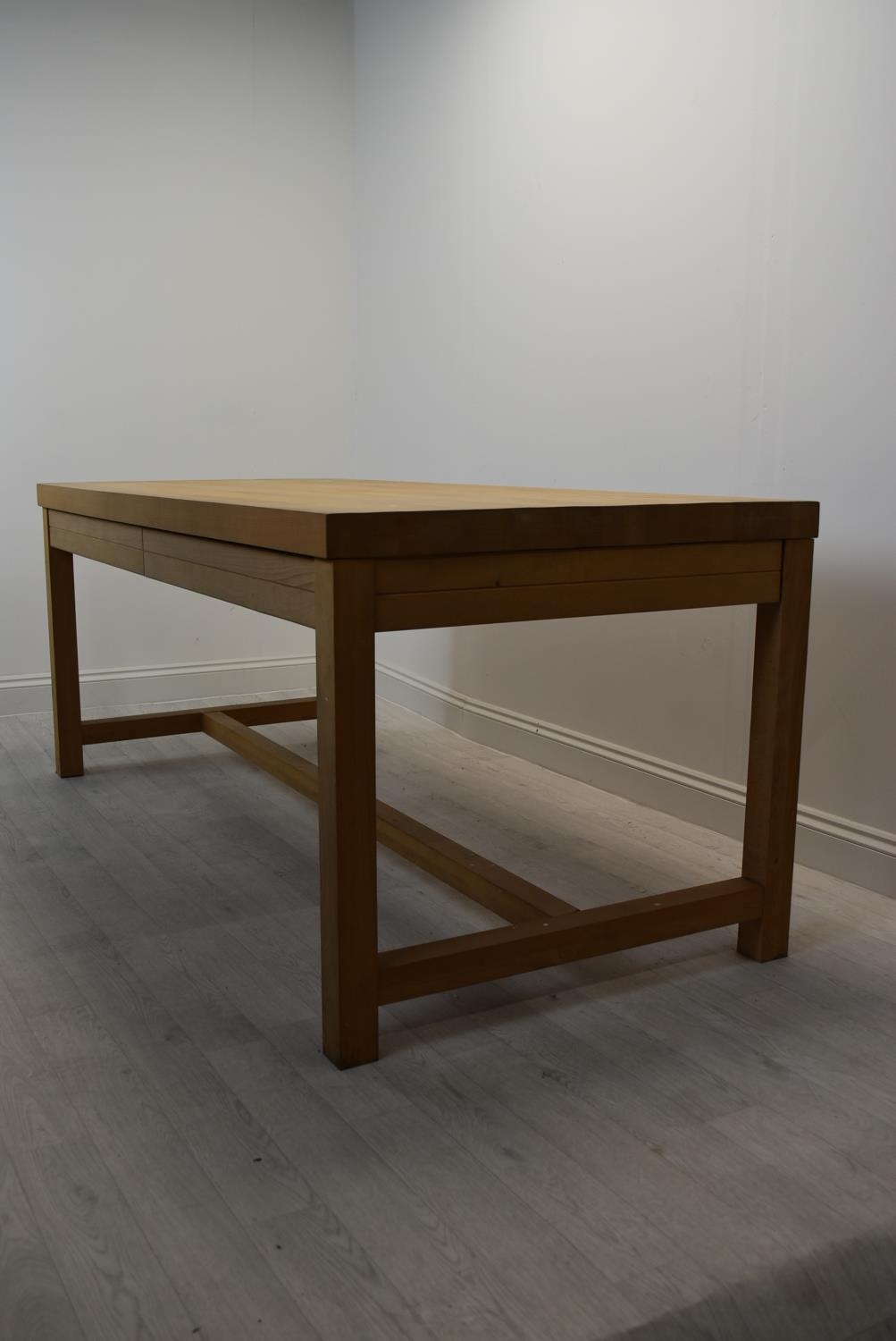 A contemporary oak four drawer refectory style table raised square supports united by a stretcher - Image 3 of 8