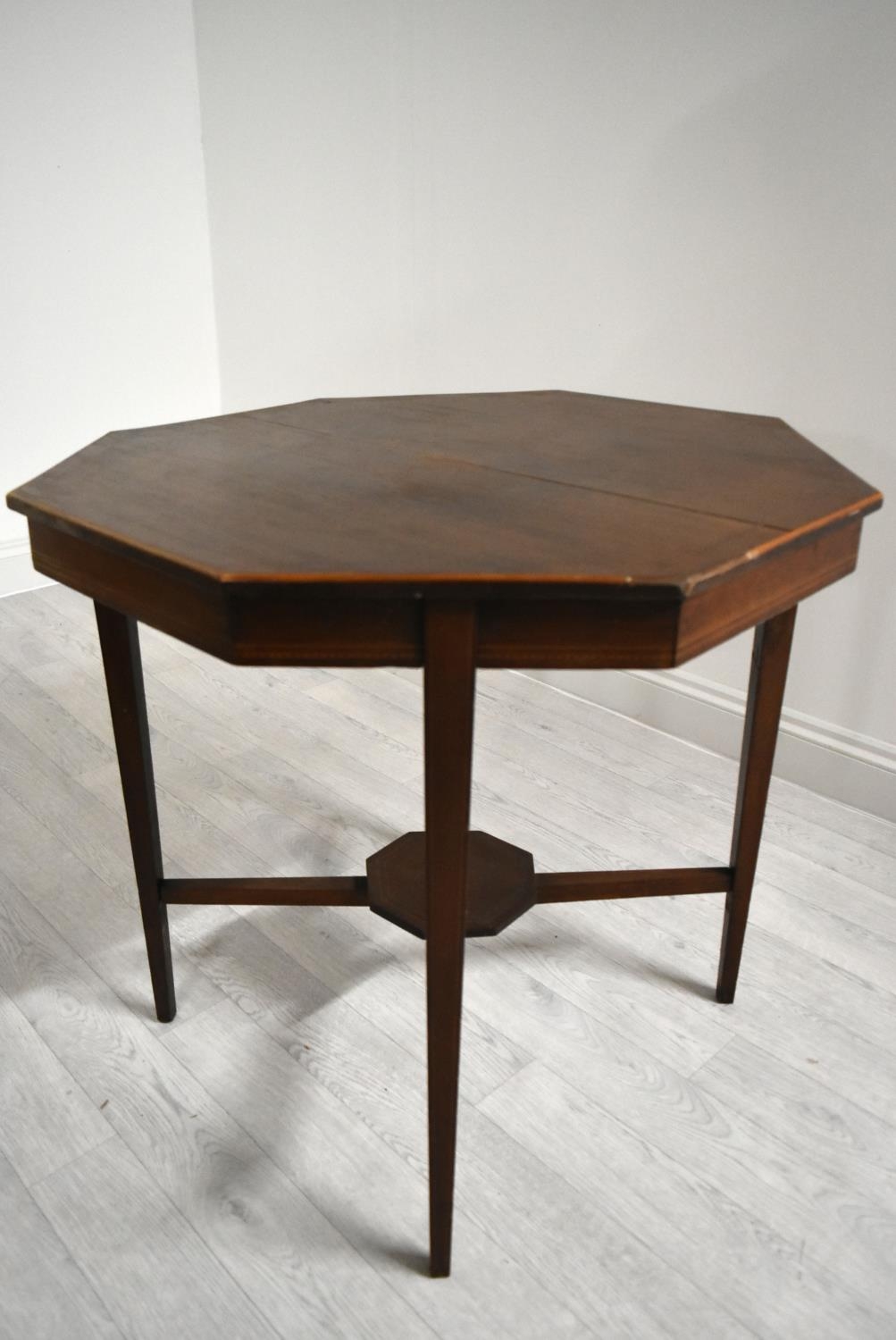 An Edwardian mahogany octagonal occasional table on tapering supports united by stretcher. H.68.5 - Image 16 of 17