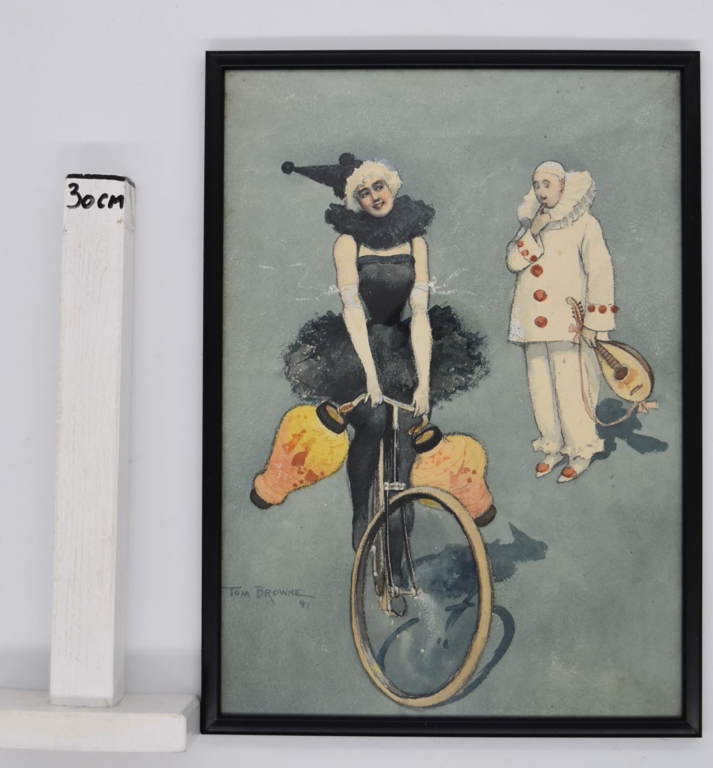 Tom Browne (1870 - 1910; British), Dancer riding bike with male clown holding an instrument, - Image 3 of 5