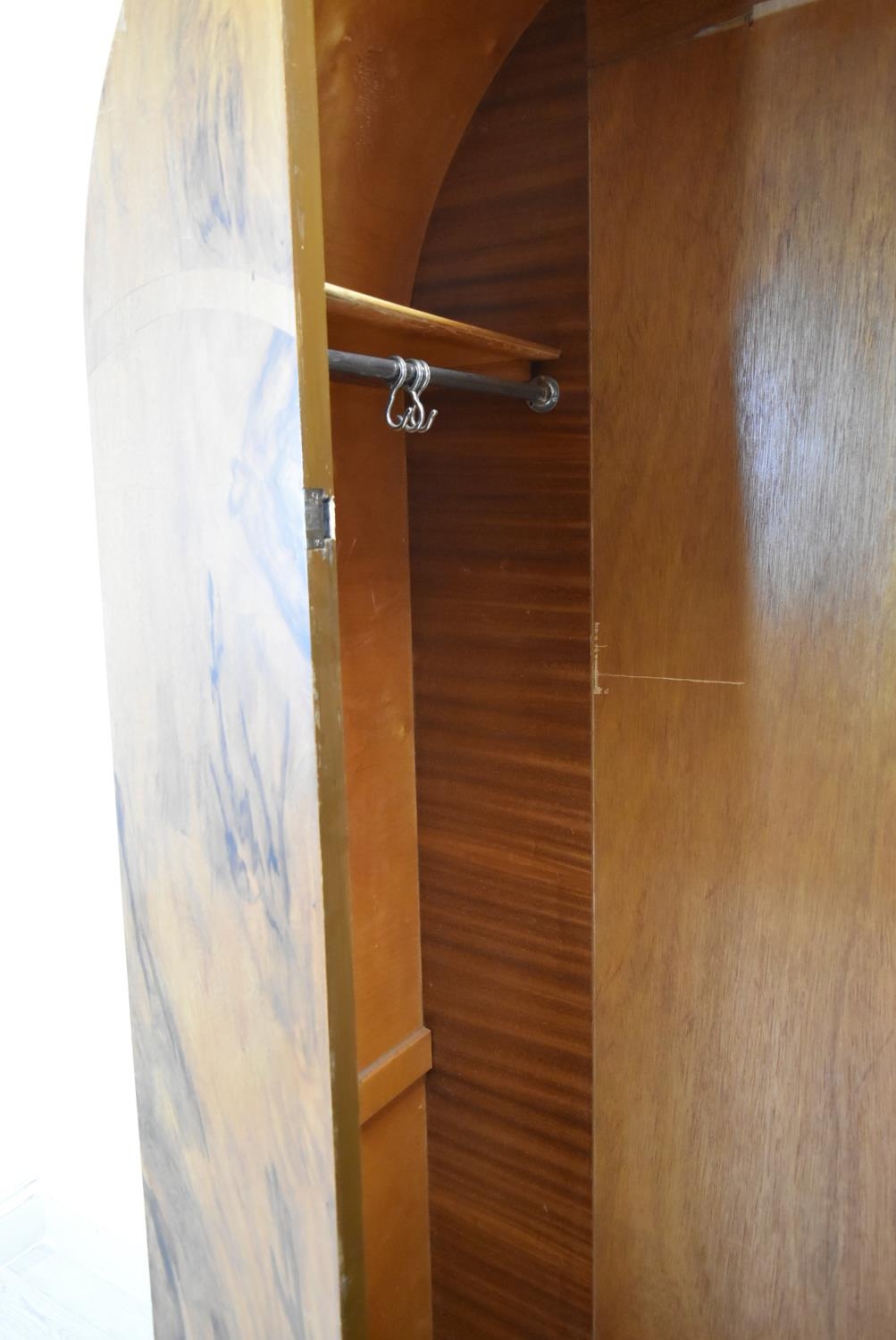 An Art Deco walnut veneered dome topped and twin door wardrobe, opening to reveal mirror, raised - Image 5 of 15