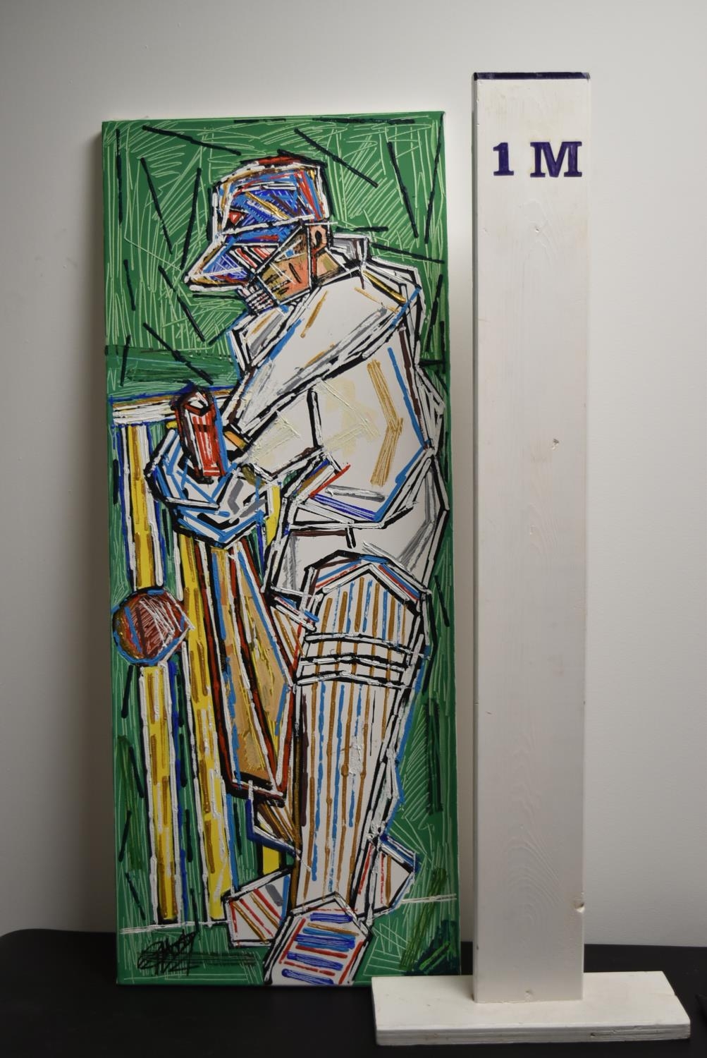 British School, contemporary, Hit for Six, cricketer playing a shot, indistinctly signed, oil on - Image 3 of 4