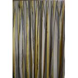 A pair of yellow, black and white striped lined curtains with tiebacks, weighted. H.340 W.92cm