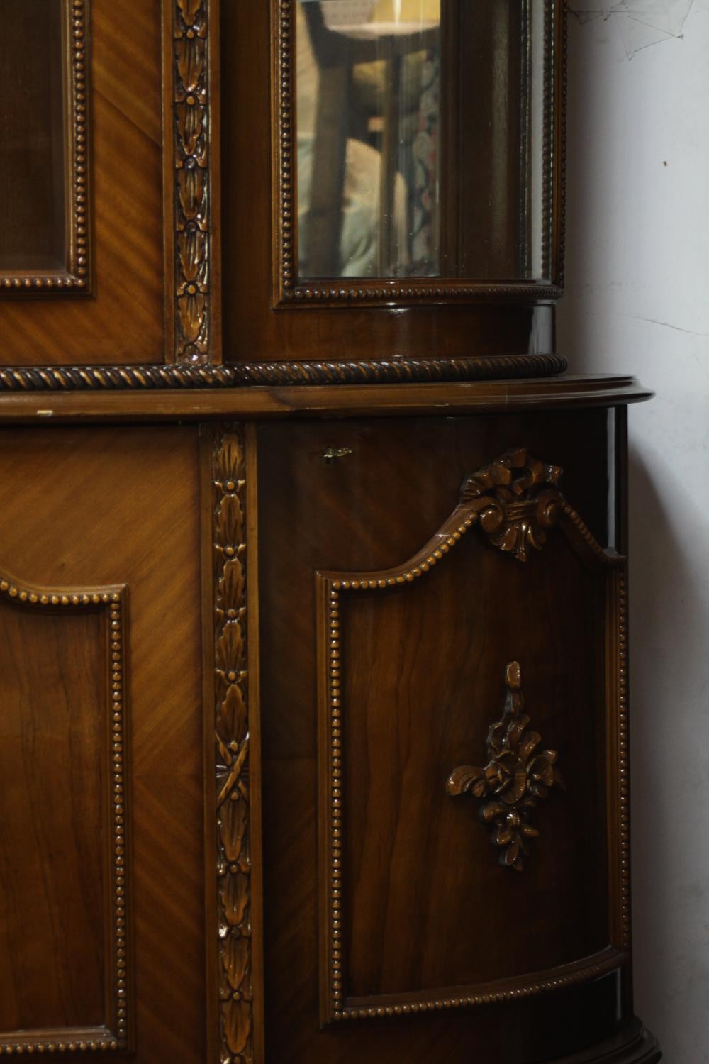 A late 20th century Louis XV style lacquered beech display cabinet, with a carved ribbon cresting - Image 5 of 13