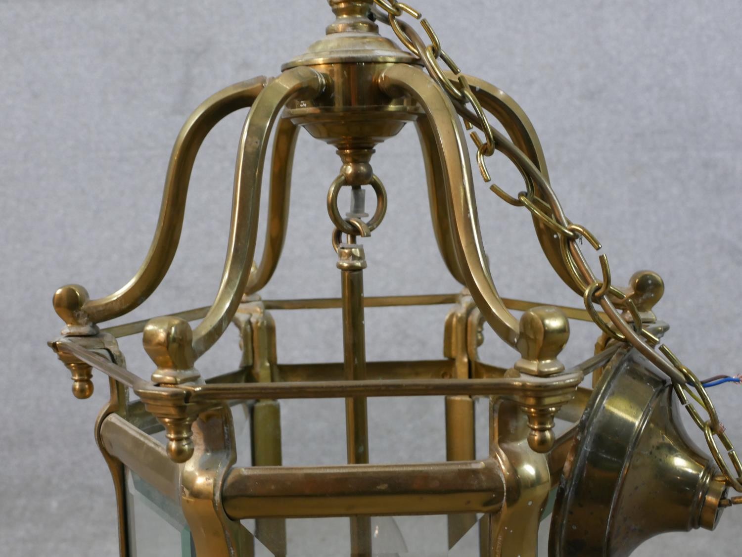 A 20th century brass framed and bevelled glass hexagonal hall lantern. H.56 W.37 D.37cm - Image 2 of 5