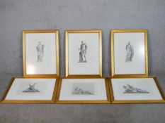 Six framed and glazed 19th century engravings of Roman Classical statues. H.75 W.56cm