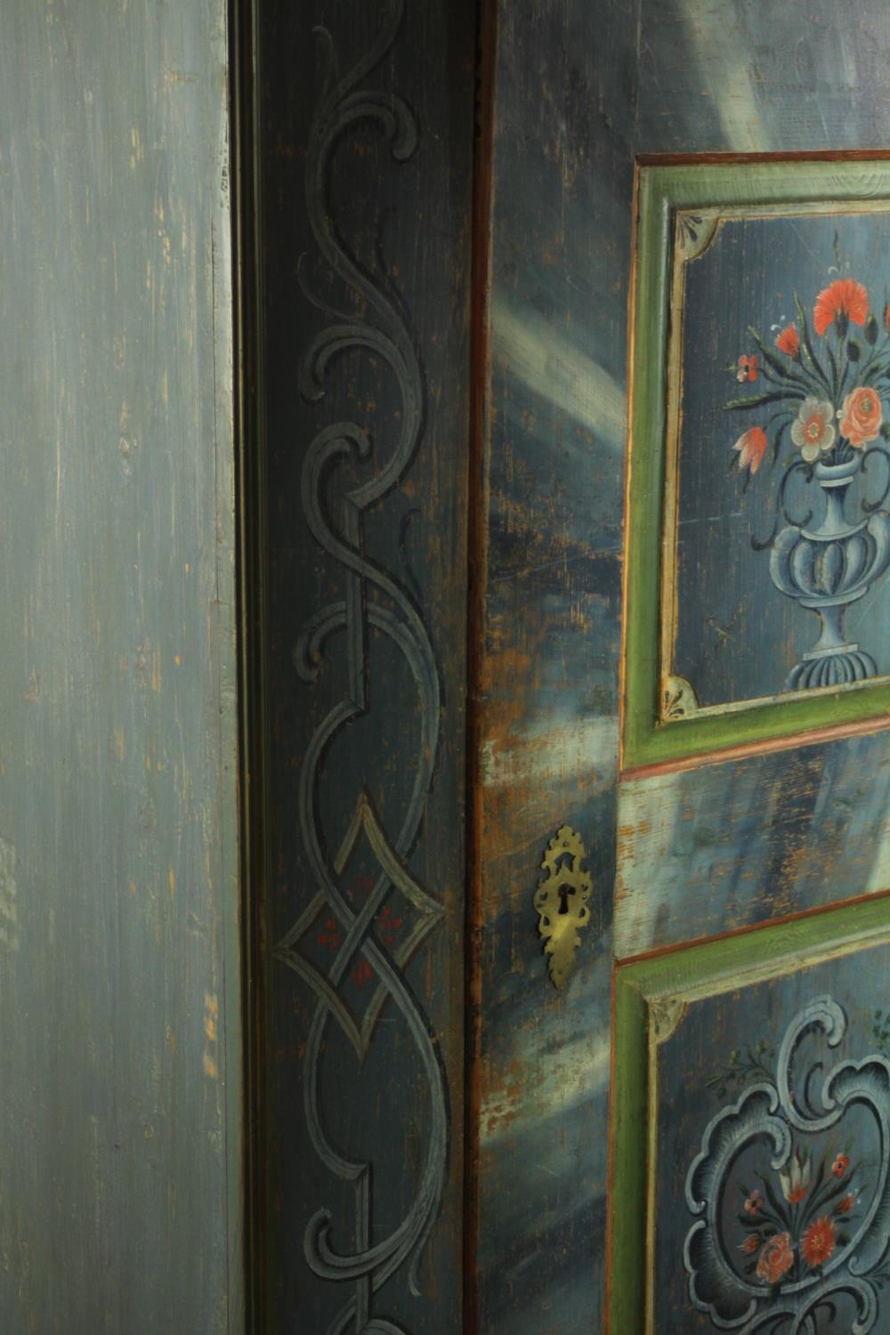 An early 19th century central European painted pine cupboard, painted in hues of blue, 1803, with - Image 7 of 11