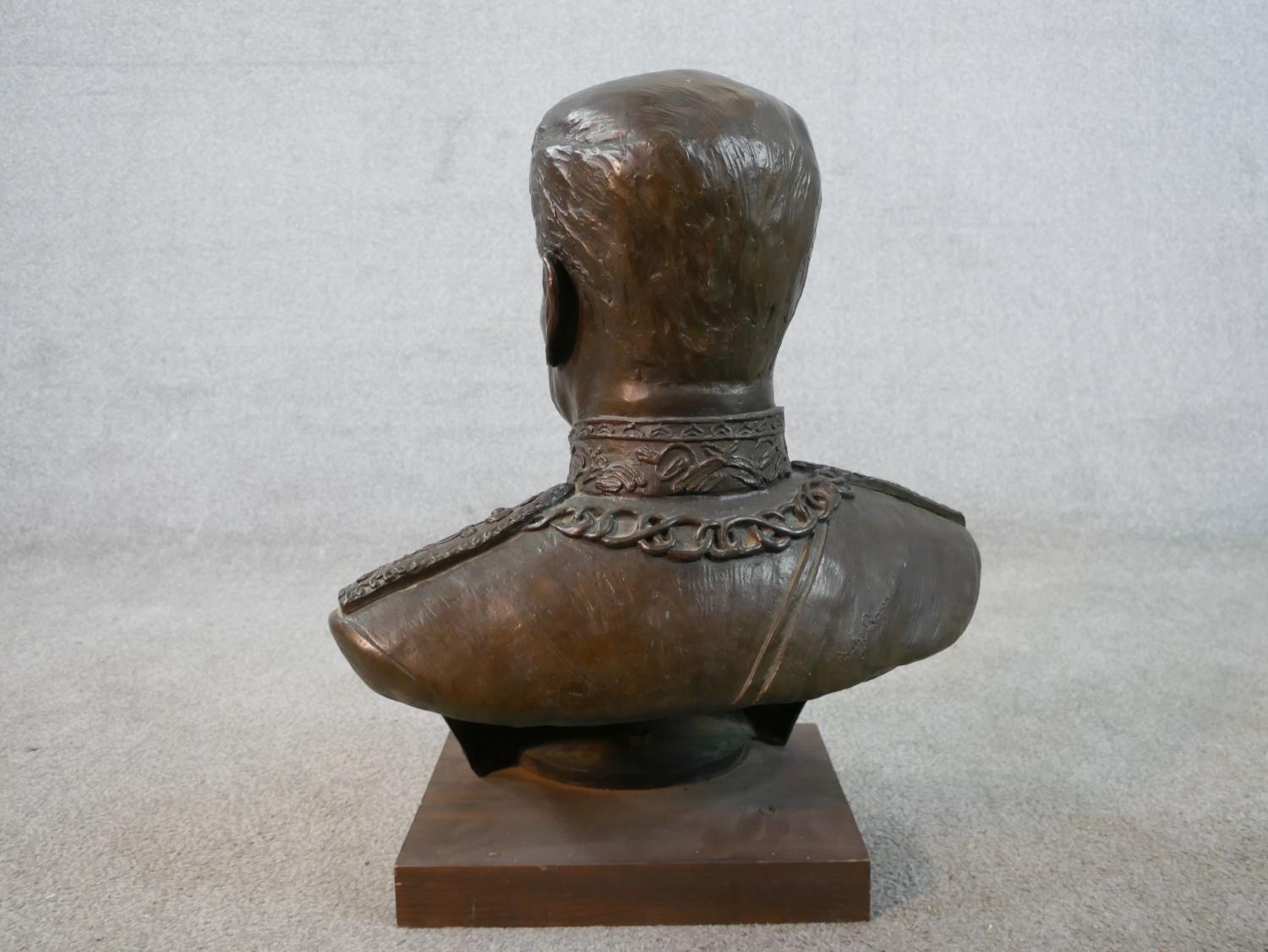 A cast bronze portrait bust of Persian Shah Mohammad Reza Pahlavi in military uniform, mounted on - Image 3 of 9