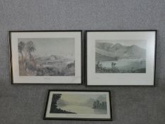 Three framed and glazed prints of well known landscape watercolours, one by Maplestone and the other