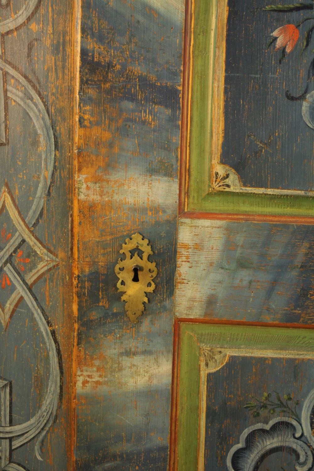 An early 19th century central European painted pine cupboard, painted in hues of blue, 1803, with - Image 8 of 11