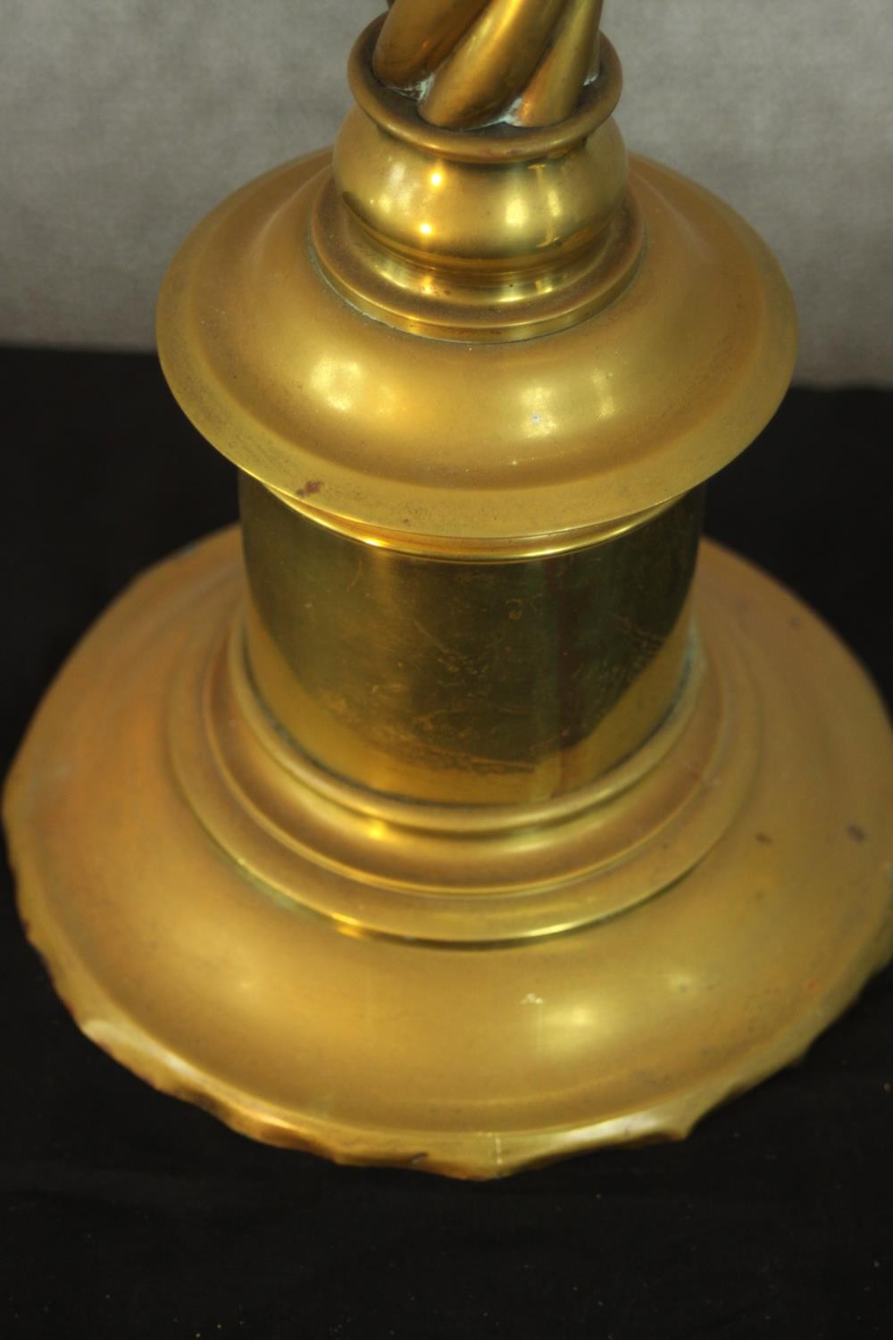 A pair of large early 20th century brass ecclesiastical twist stem floor standing candle holders - Image 5 of 5
