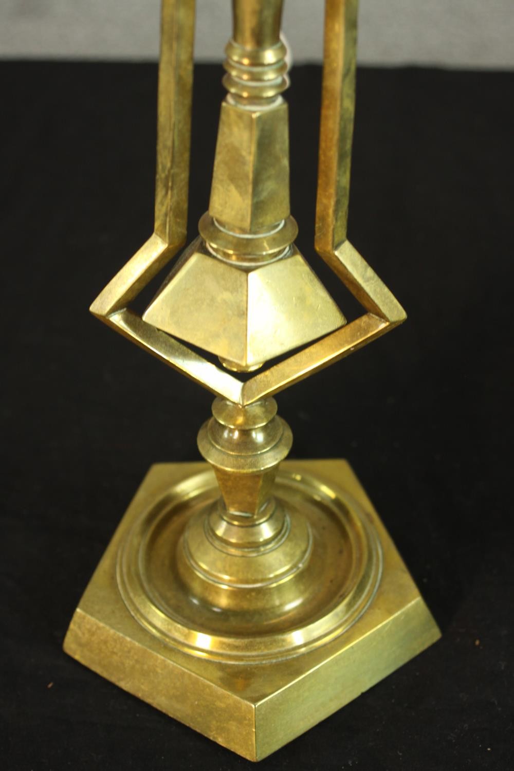 A Victorian brass geometric design gimbal candle stick turned table lamp along with a brass oil lamp - Image 12 of 14