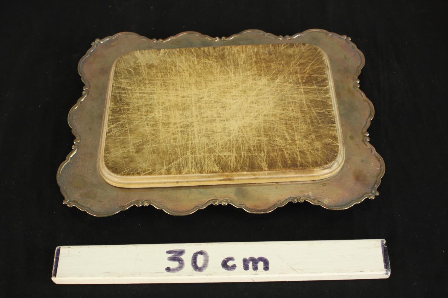 A Silver plate Chollah bread board with hardwood removable board. H.4 W.32 D.25cm. - Image 2 of 7