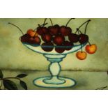 A framed reverse painting on glass, still life bowl of cherries. H.36 W.51cm.