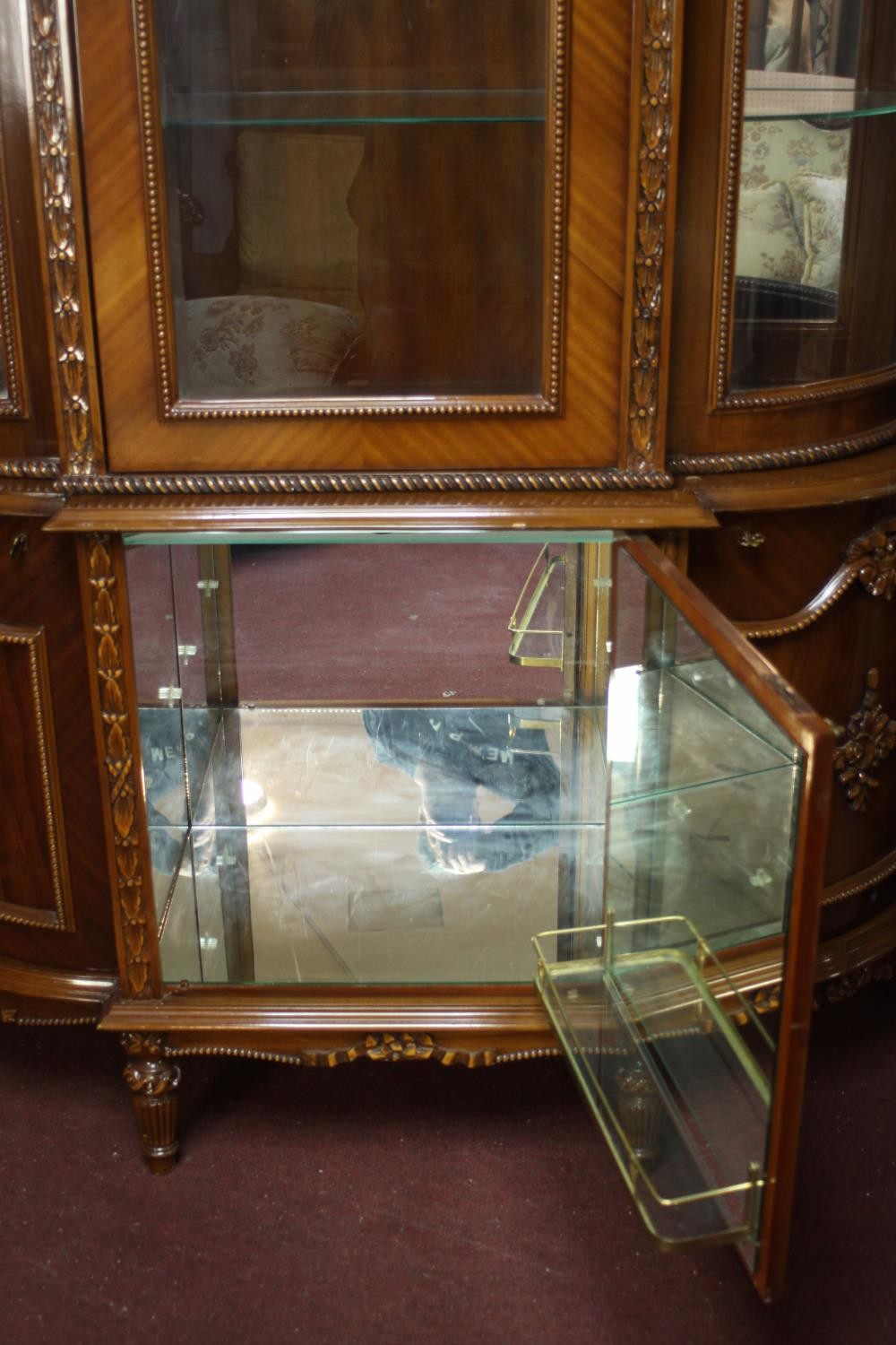 A late 20th century Louis XV style lacquered beech display cabinet, with a carved ribbon cresting - Image 11 of 13