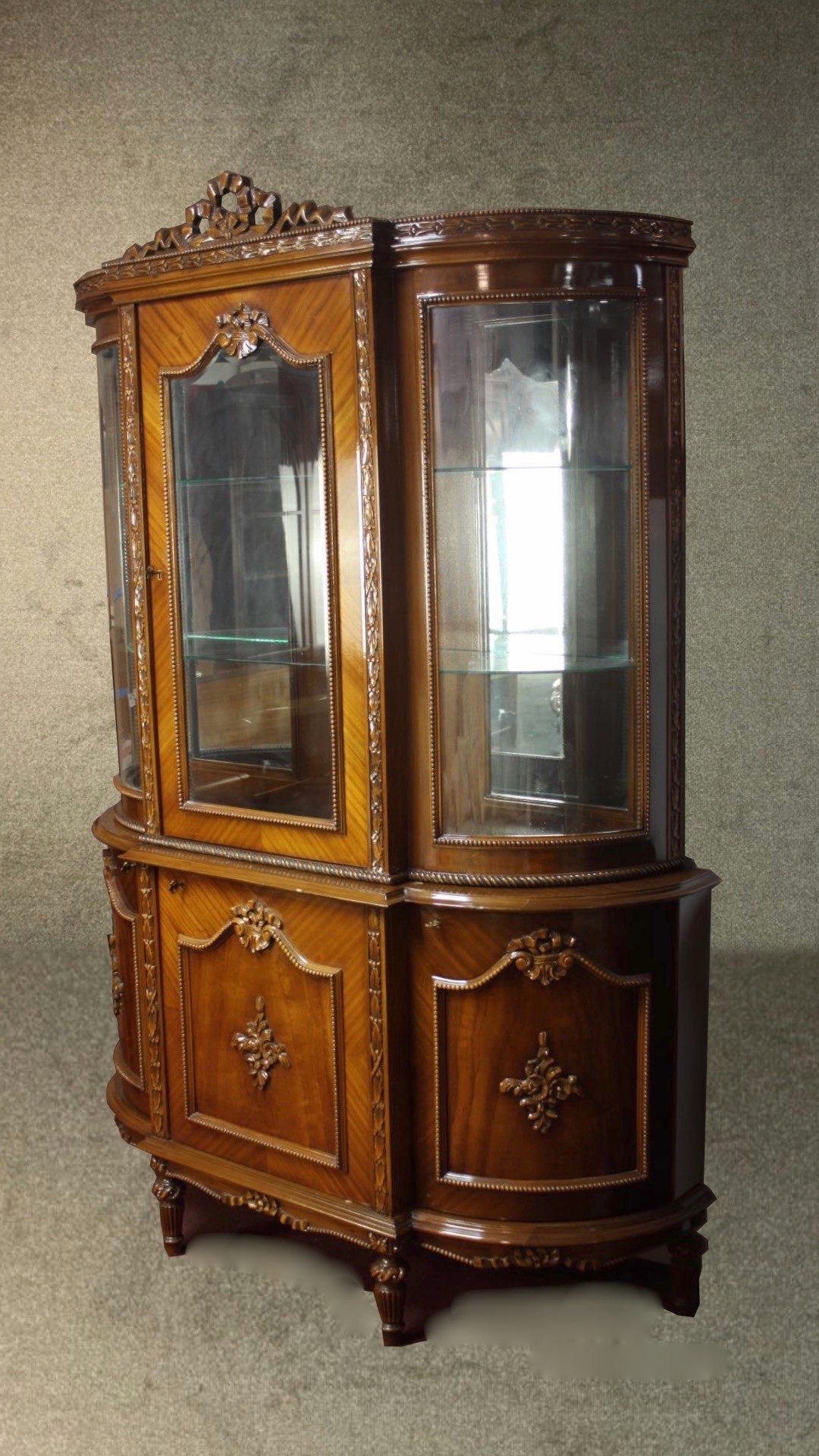 A late 20th century Louis XV style lacquered beech display cabinet, with a carved ribbon cresting - Image 2 of 13