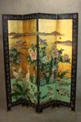 A contemporary Chinese black lacquered, gilded and painted four fold screen, decorated to one side