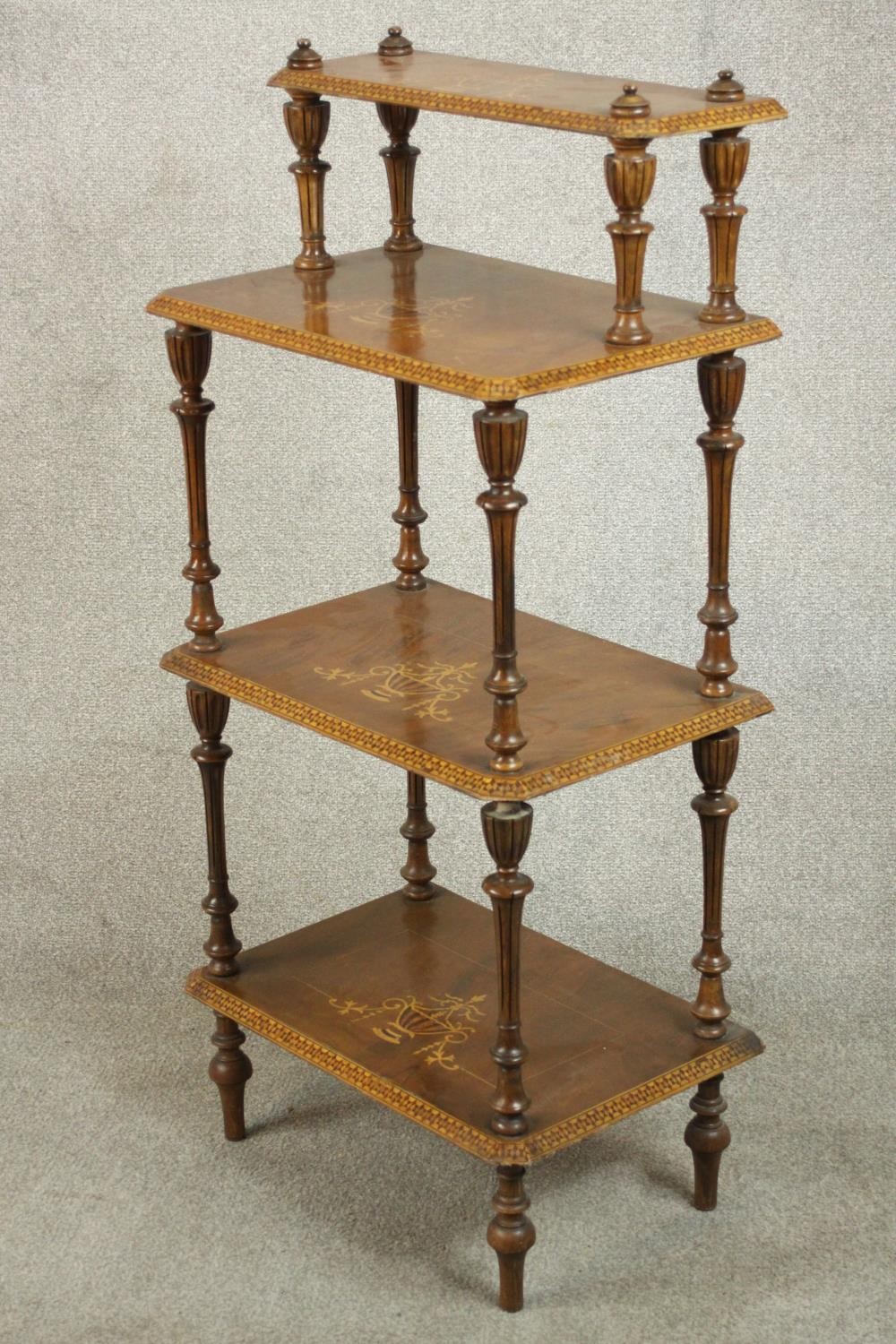 An Edwardian marquetry inlaid walnut whatnot of four tiers on turned and fluted supports. H.116 W.54 - Image 3 of 8