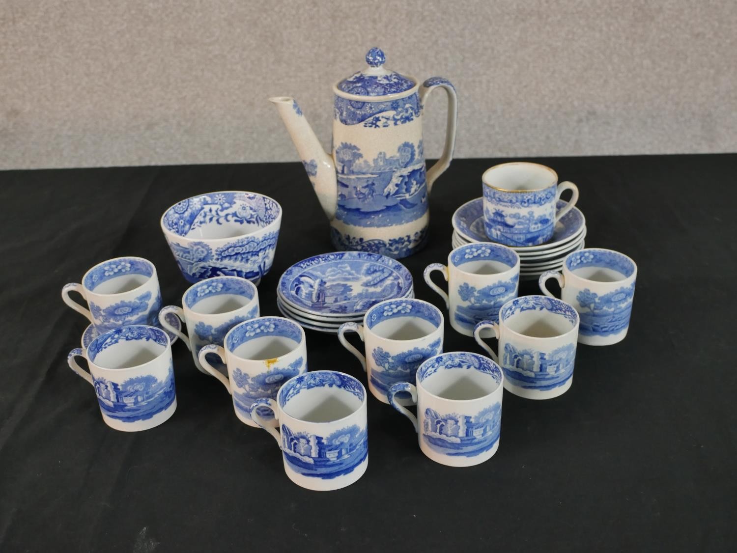 A Copeland Spode Italian pattern coffee set, blue and white transfer printed, including a coffee