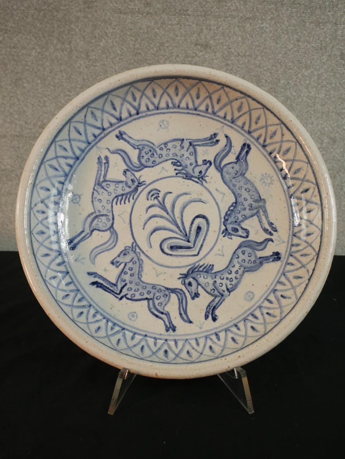 A large Bornholm stoneware hand painted bowl with horse design stamped to the back L. Hjorth, - Image 2 of 9