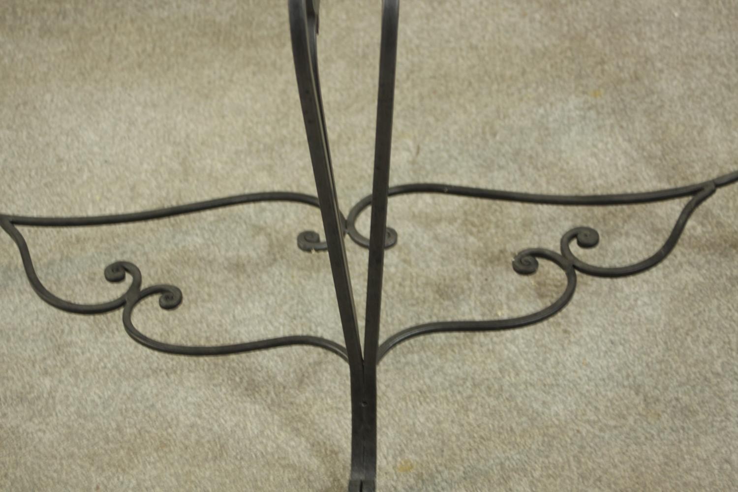 A contemporary wrought iron side table, of demi lune form with a plate glass top on three - Image 5 of 9