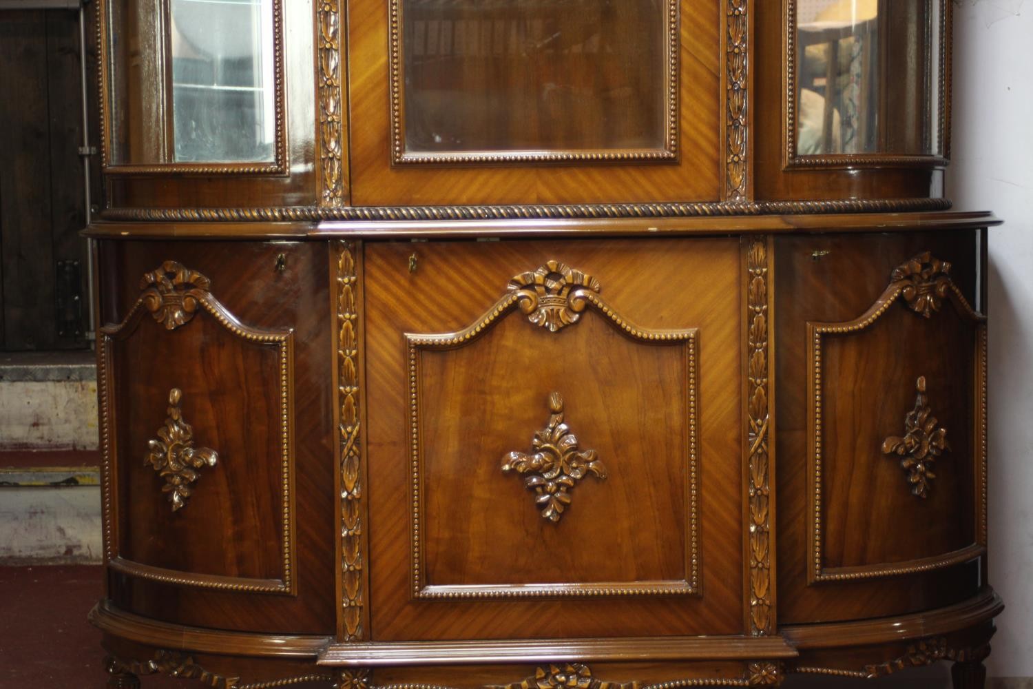 A late 20th century Louis XV style lacquered beech display cabinet, with a carved ribbon cresting - Image 6 of 13