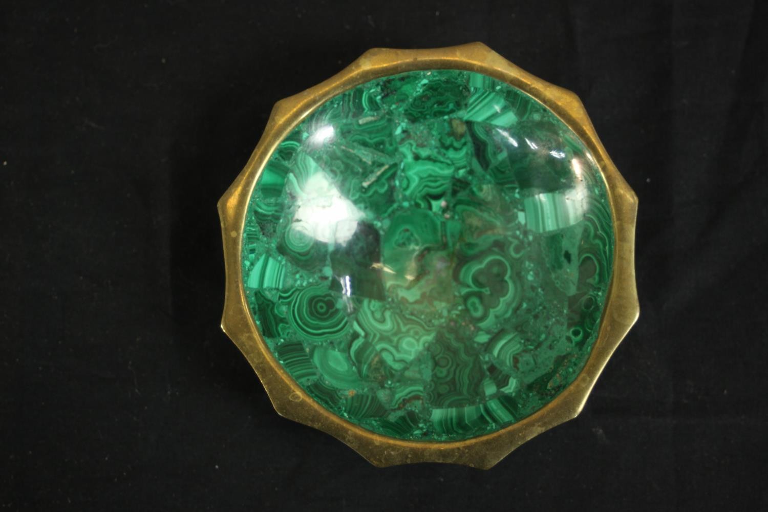 A 20th century malachite bowl with a bronze scalloped edge. H.2.5 Dia.11cm. - Image 3 of 6