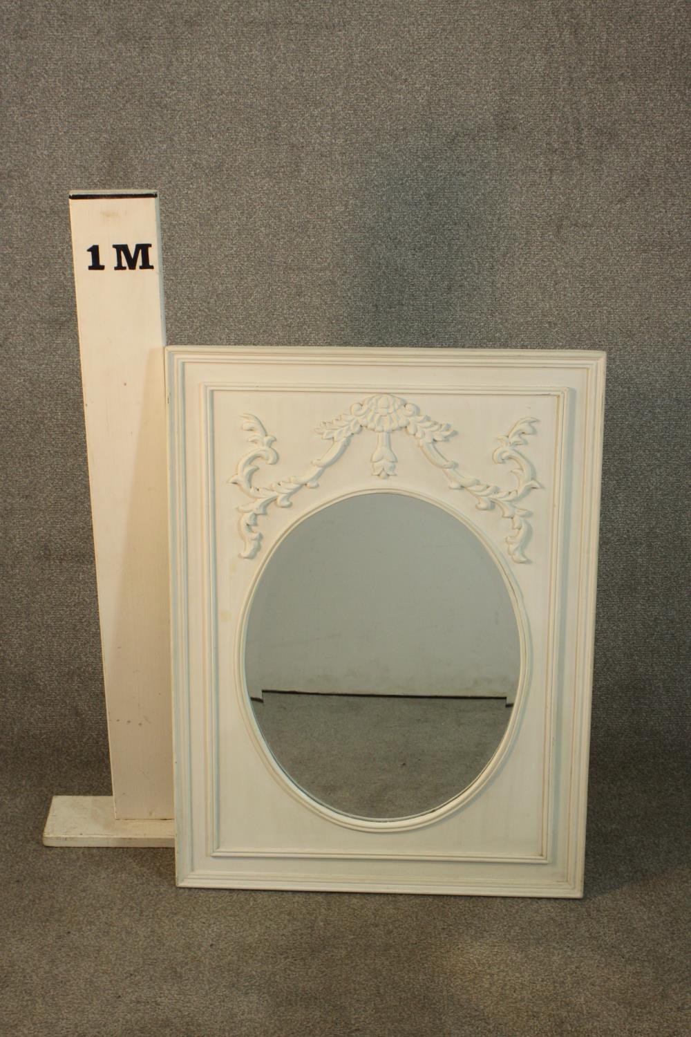 A 19th century style white painted mirror, the oval mirrored plate in a rectangular frame with - Image 2 of 5
