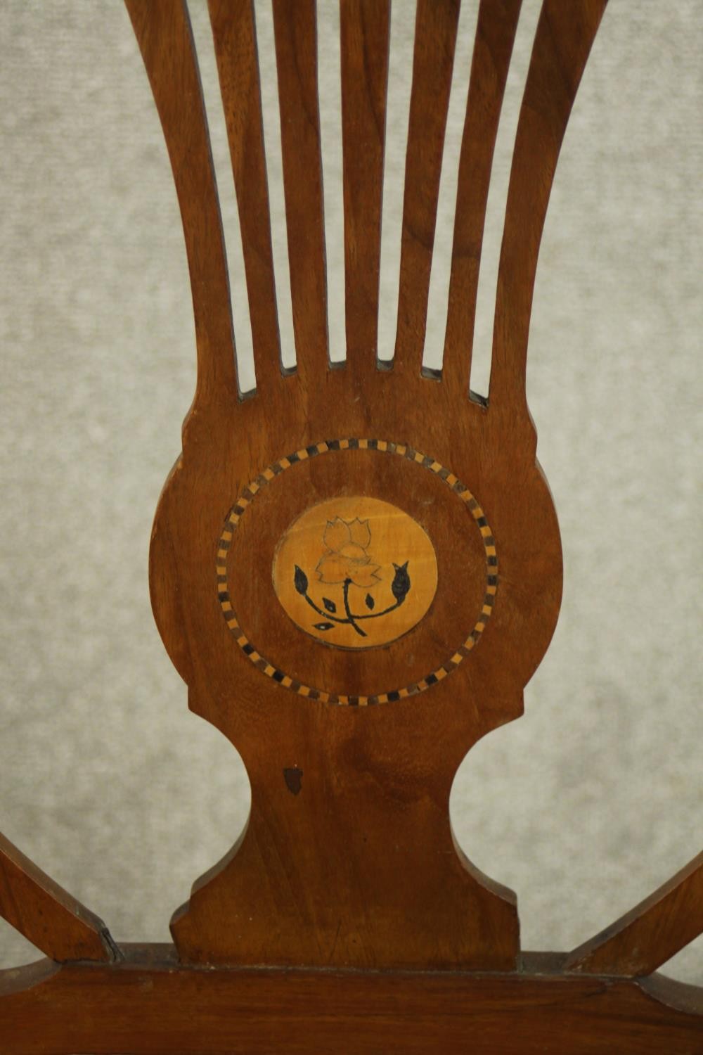 An early 20th century walnut and marquetry inlaid armchair, with a pierced splat back over a caned - Image 6 of 8