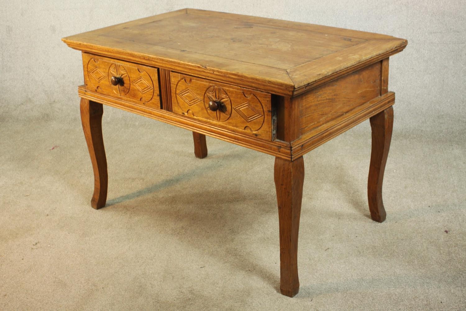 An early 20th century far Eastern hardwood, possibly Narra wood (amboyna) desk, with two carved - Image 3 of 8