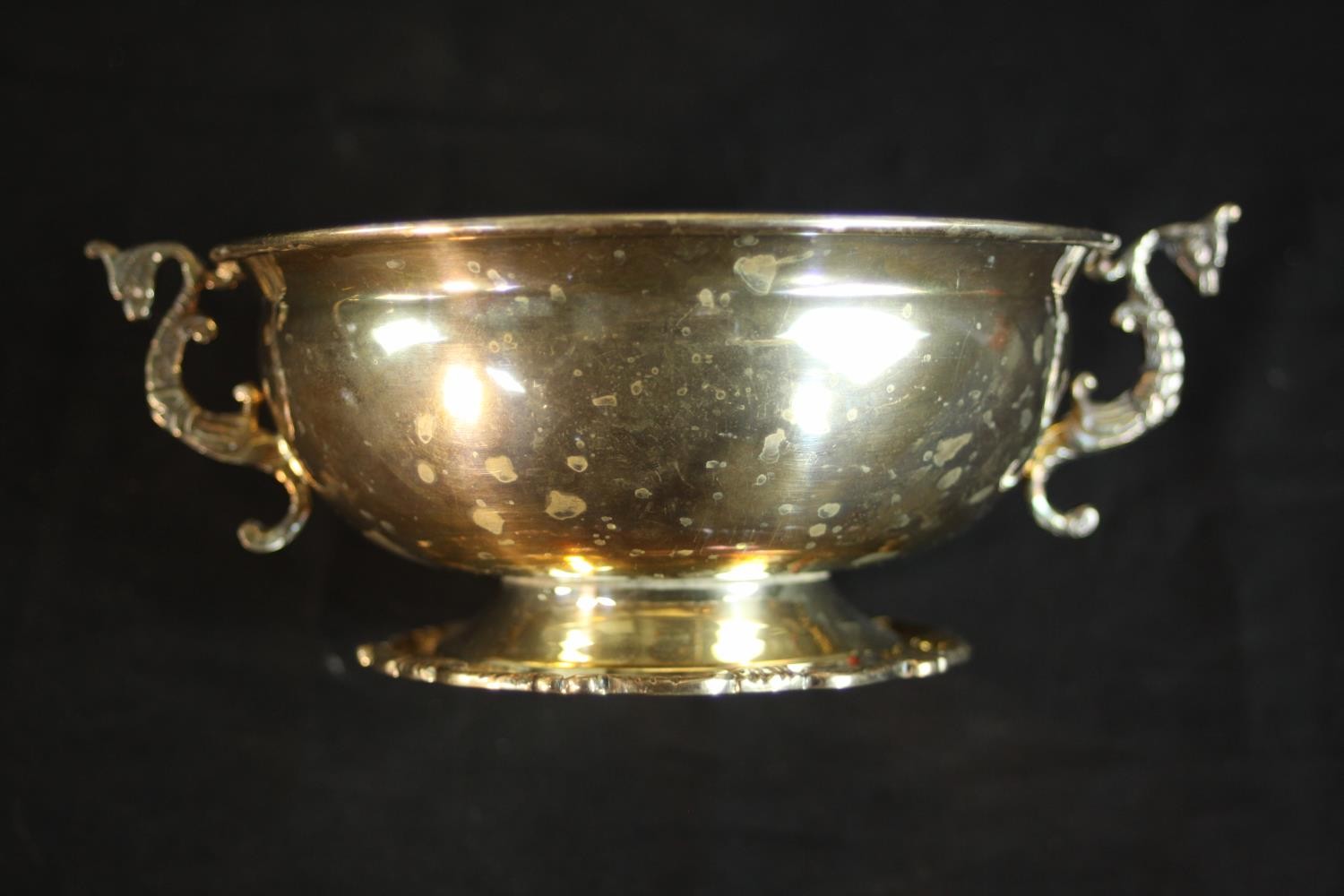 A sterling silver Egyptian twin handled porringer with seahorse form handles on a pedestal foot. - Image 7 of 9