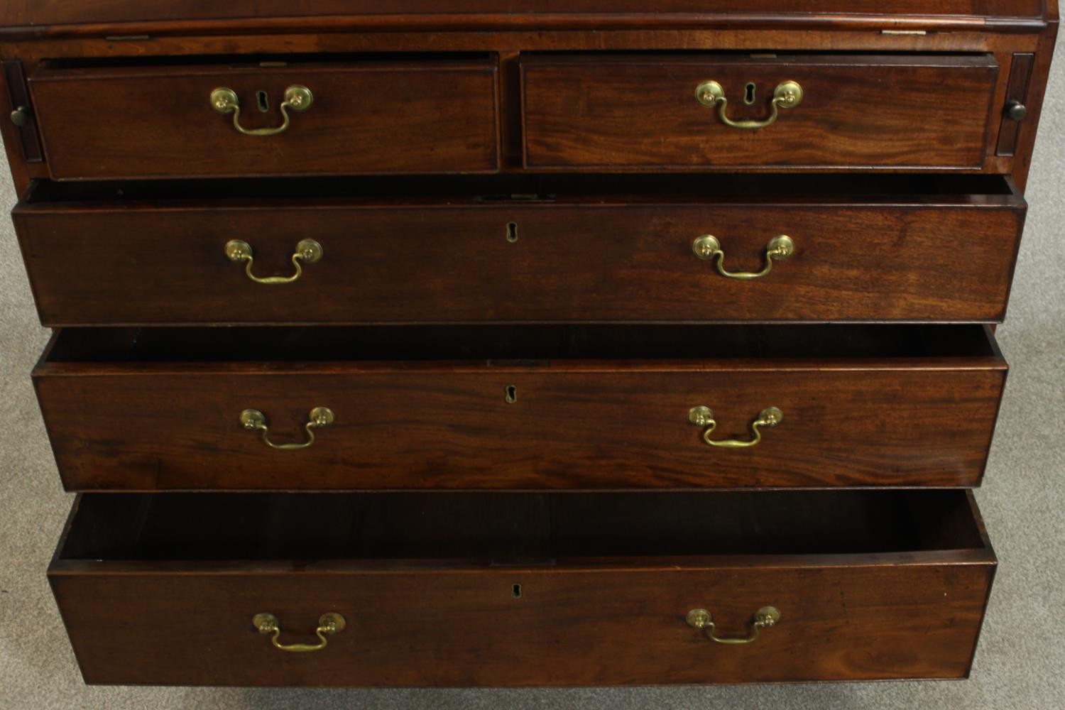 A 19th century mahogany bureau, the fall front enclosing a green writing surface with an arrangement - Image 11 of 12