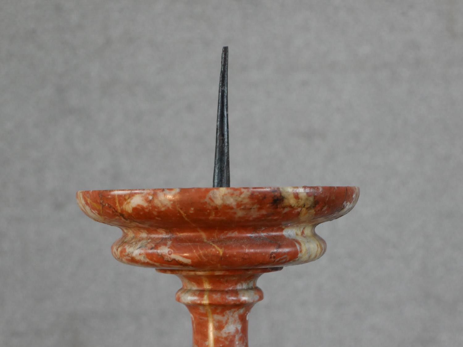 A pair of turned red marble pricket candlesticks. H.46 Diam.18cm - Image 3 of 5