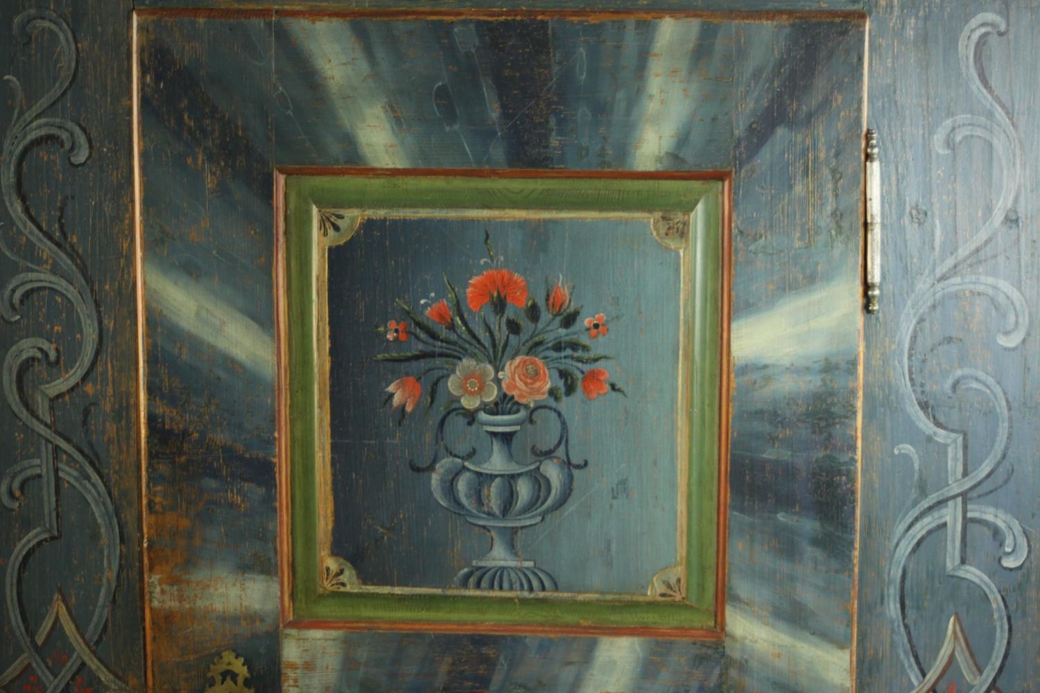 An early 19th century central European painted pine cupboard, painted in hues of blue, 1803, with - Image 5 of 11